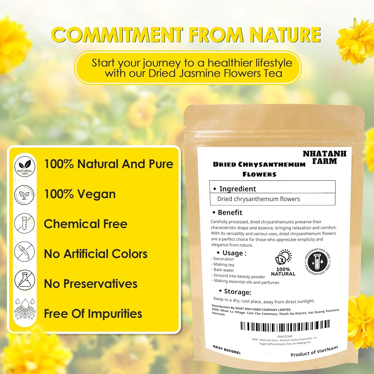 Nhat Anh Farm - Premium Dried Chrysanthemum - 3,5oz(100g) Dried Chrysanthemum Flowers - 100% Natural & Pure - Sugar/Caffeine/Gluten Free. For Making Tea