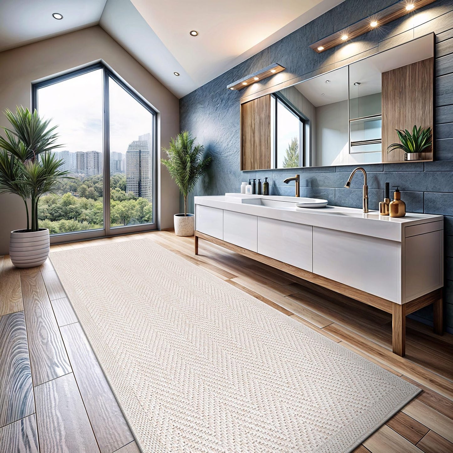 CAMILSON Indoor and Outdoor Runner Rug Off-White Herringbone Seagrass Boho Design Easy-Cleaning Non Shedding Fiber Living Room Bedroom Garden Patio and Kitchen Washable Outside Carpet Alfombras (2x7)