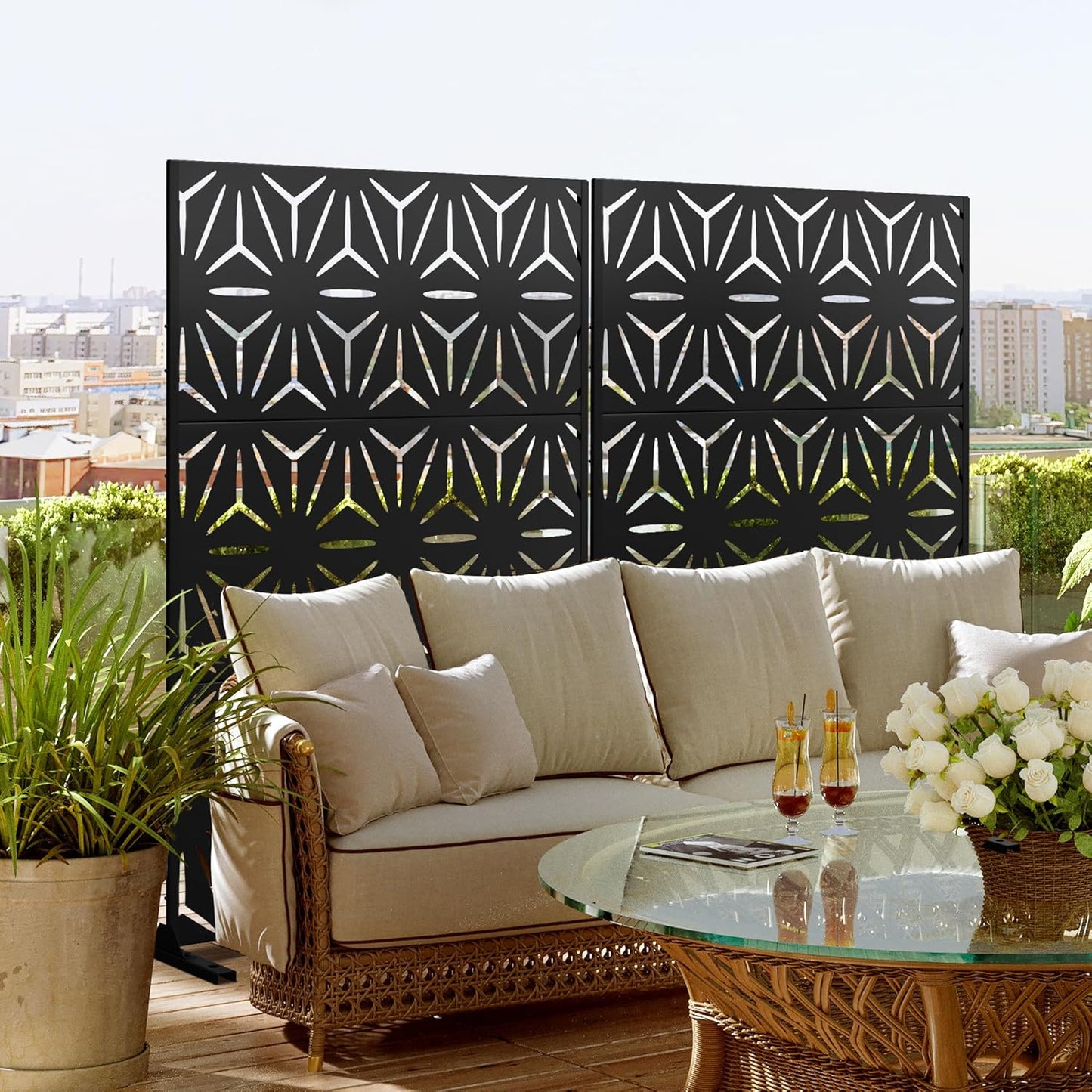 Metal Privacy Screen Outdoor 72" H×47" W, Freestanding Decorative Privacy Screen for Balcony Yard&Garden, Privacy Fence-Black&Star