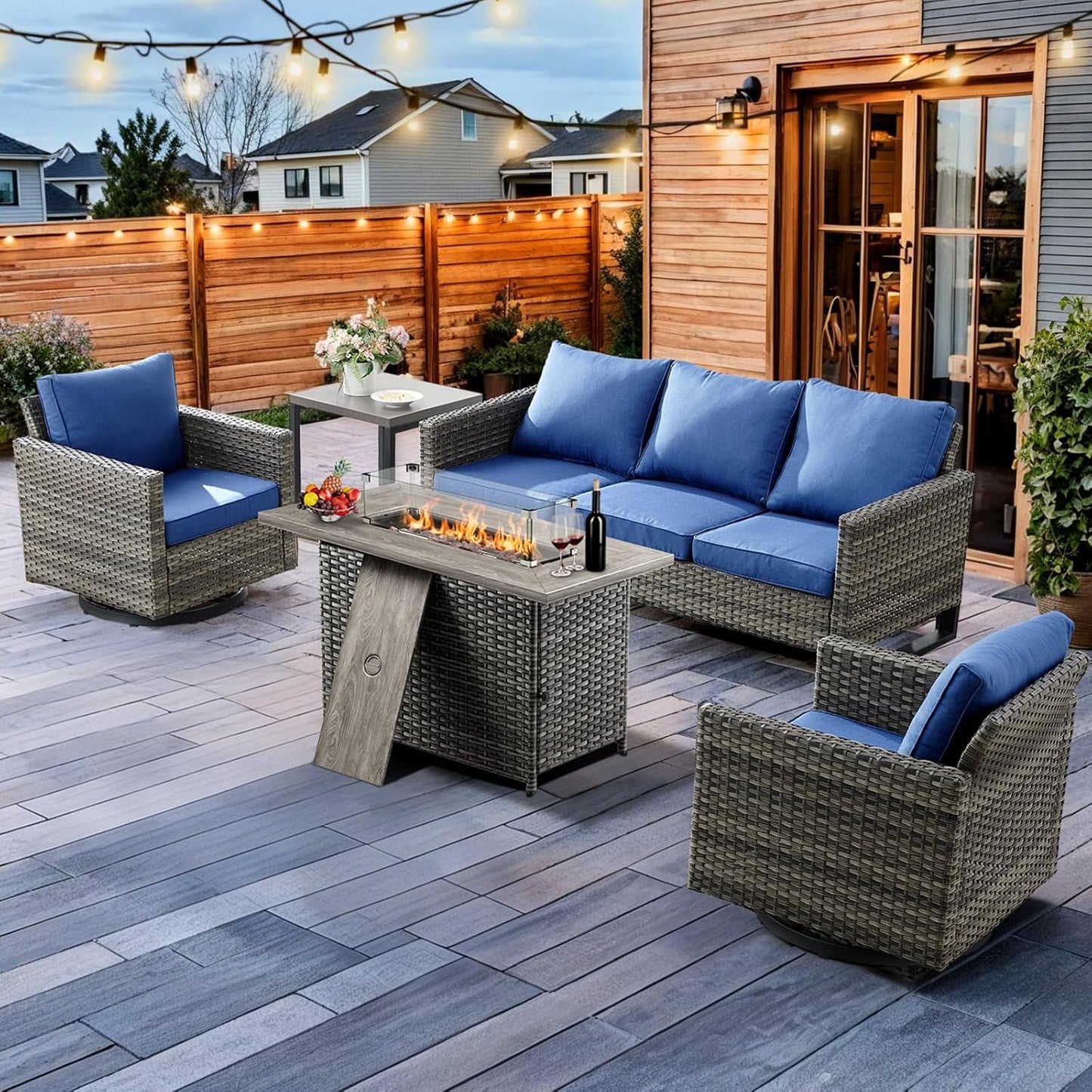 HUMMUH Patio Furniture Set with Fire Pit Table 41 in 55,000 BTU,5 Piece Wicker Outdoor Conversation Sets -Sturdy Outdoor Swivel Rocker Chairs Patio Sofa for Porch,Garden,Backyard