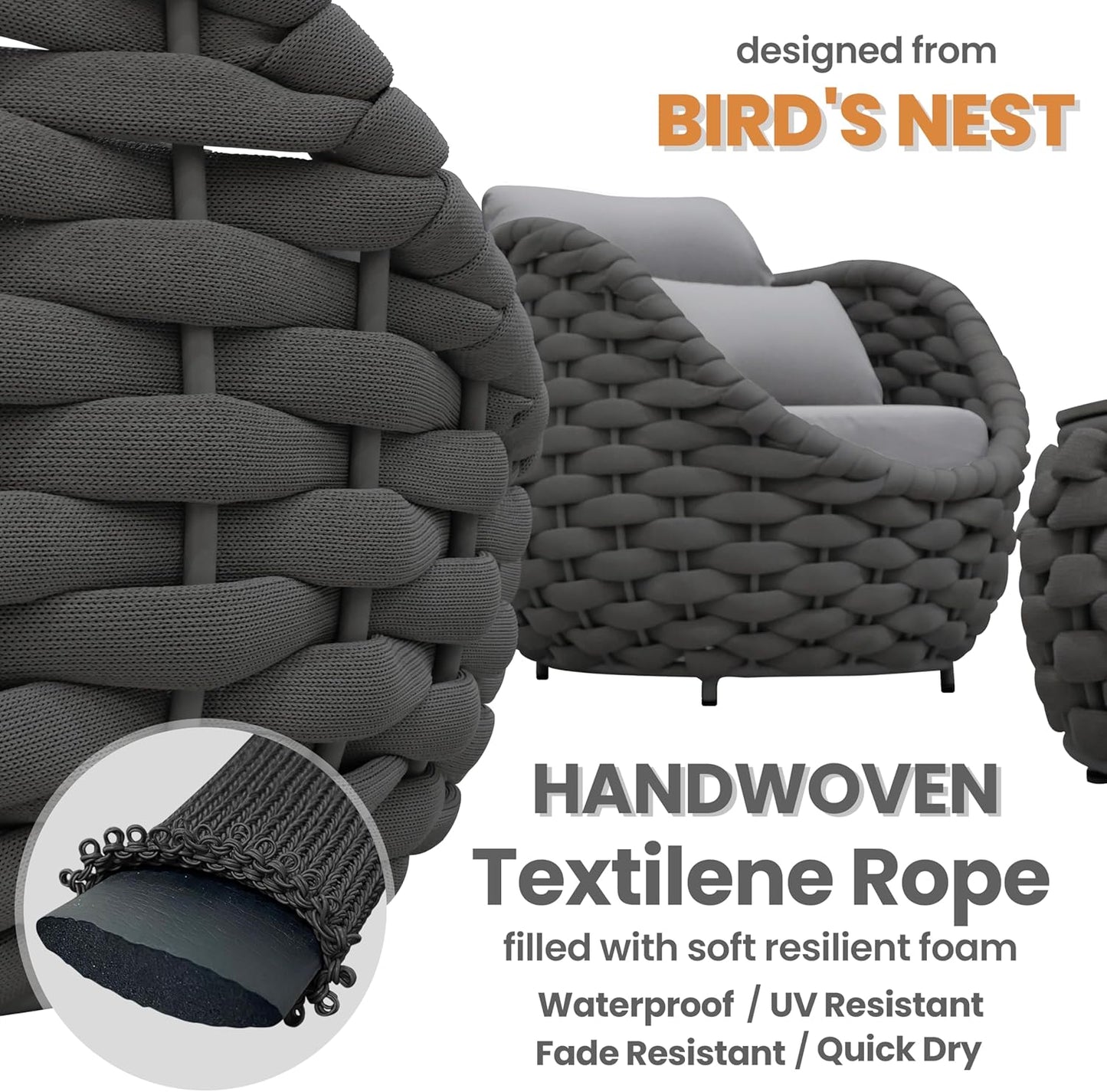 Fully Assembled Patio Furniture Set: 5 Pieces Woven Rope Outdoor Conversation Set Cushioned - Modern Metal Deck Loveseat Chair Table Set - Porch Seating for Courtyard Garden Pool Balcony Hotel