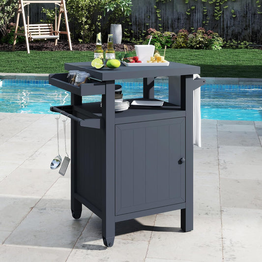 Grill Cart Outdoor with Storage Cabinet, Portable Rolling Patio Bar Cart with Wheels, BBQ Prep Table, Movable Stainless Steel Kitchen Island Dining Cart for Food/Drink/Cooking -Grey