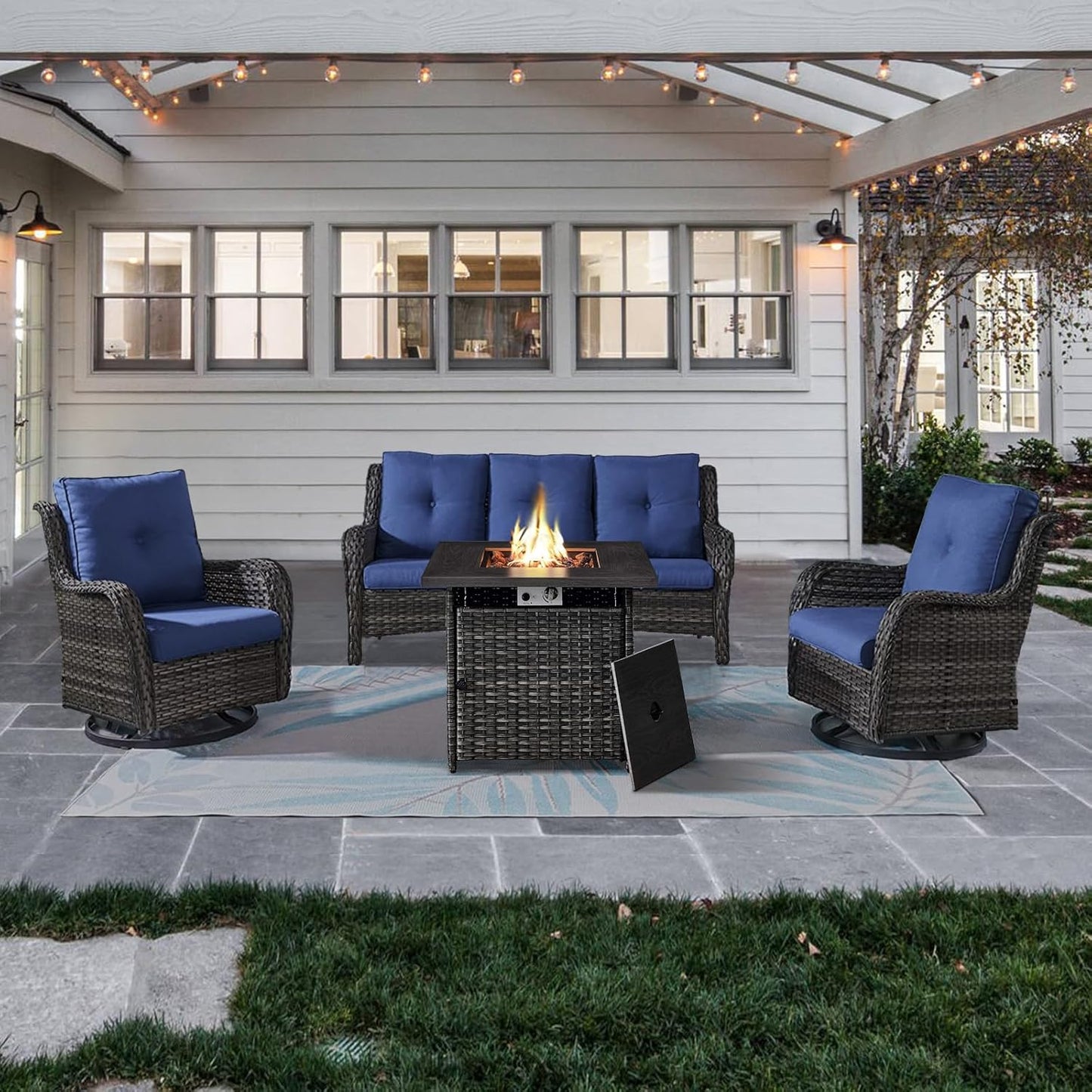 Outdoor Patio Furniture Set with 50000BTU Propane Fire Pit Table, 4 Pieces Wicker Patio Conversation Set with 2 Swivel Rocker Glider Chairs Rattan Sofa Blue Cushion Perfect for Casual Gathering