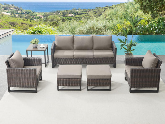 HUMMUH 6 Piece Patio Furniture Outdoor Sectional Sofa Set All-Weather Wicker Outdoor Chairs with End Table Ottomans for Patio,Porch,Garden,Backyard