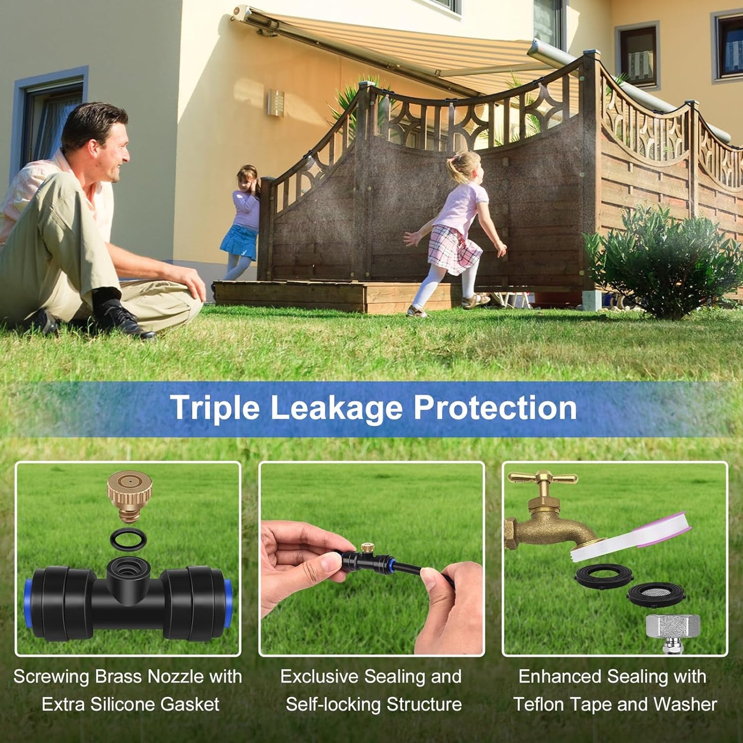 GOXAWEE Misting System, 59FT (18M) Misting Line + 20 Brass Mist Nozzles + Brass Adapter(3/4"), Misters for Outside Patio Cooling Outdoor Garden Greenhouse Trampoline for Waterpark