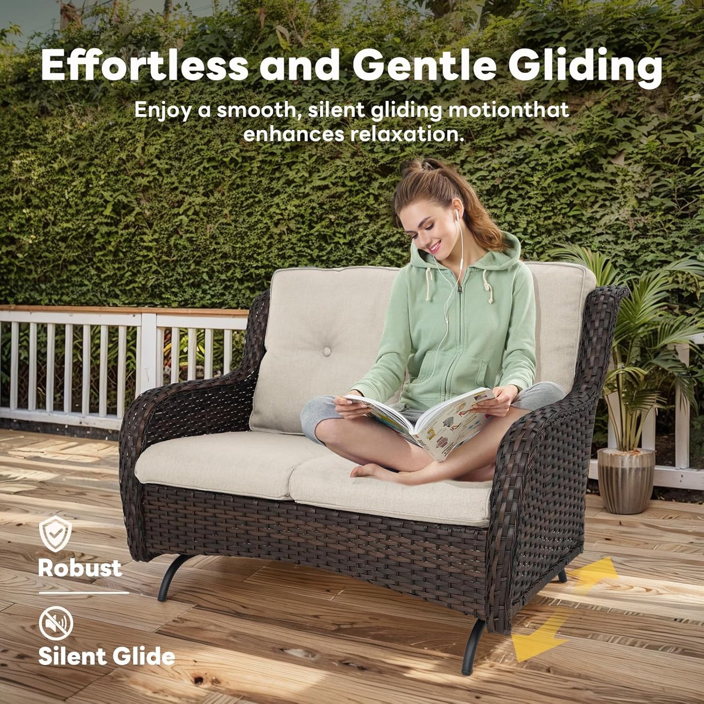 Spacious Outdoor Glider Bench - 500 LBS Weight Capacity Small Loveseat, 2 Seater Patio Gliders Furniture All Weather Wicker Couch with Removable Cushion for Deck Sunroom Balcony Backyard