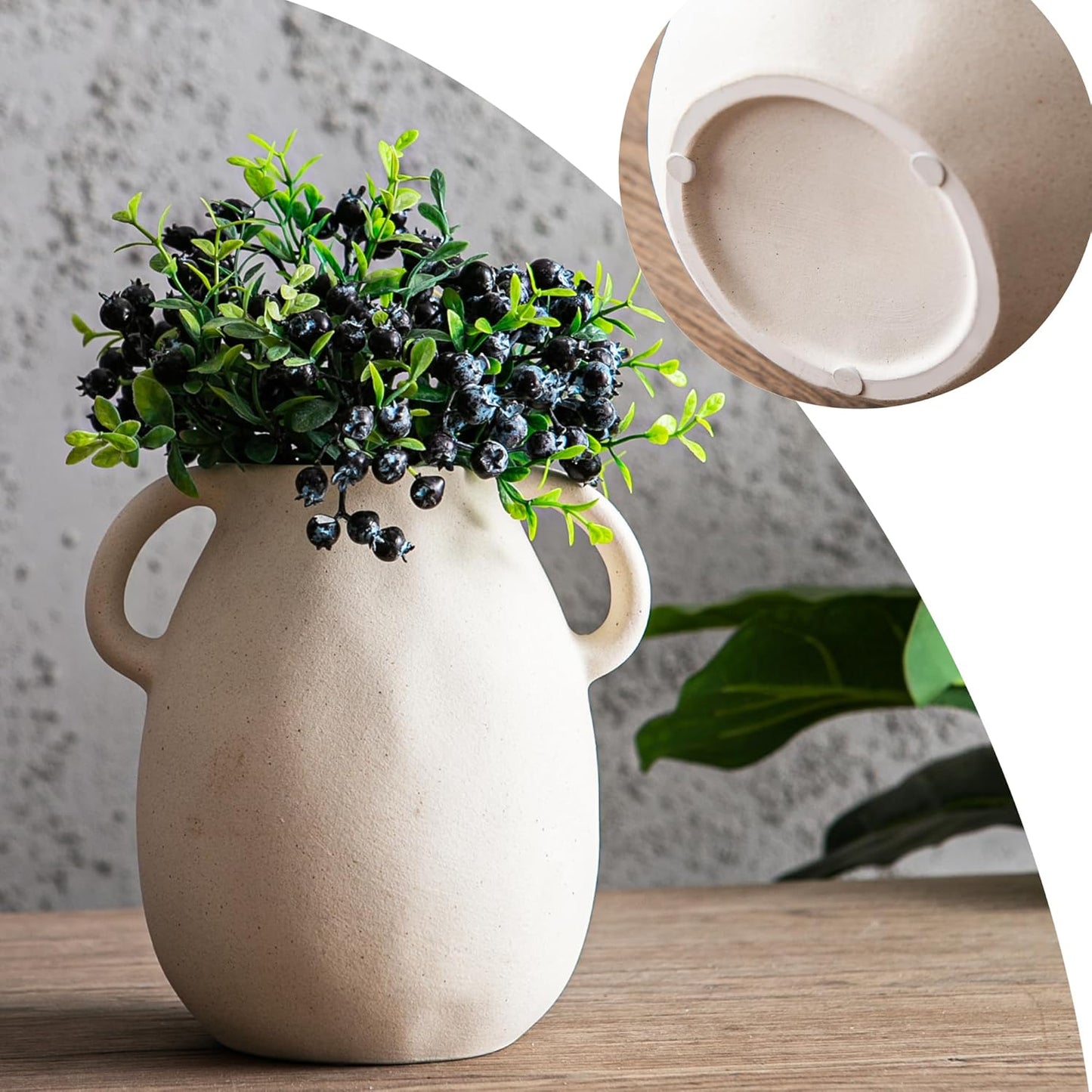 Kimdio White Ceramic Vase with 2 Handles – Sand-Glazed Clay Pottery Vase for Dried Flowers, Rustic Modern Table Decor, Farmhouse Boho Shelf Decoration