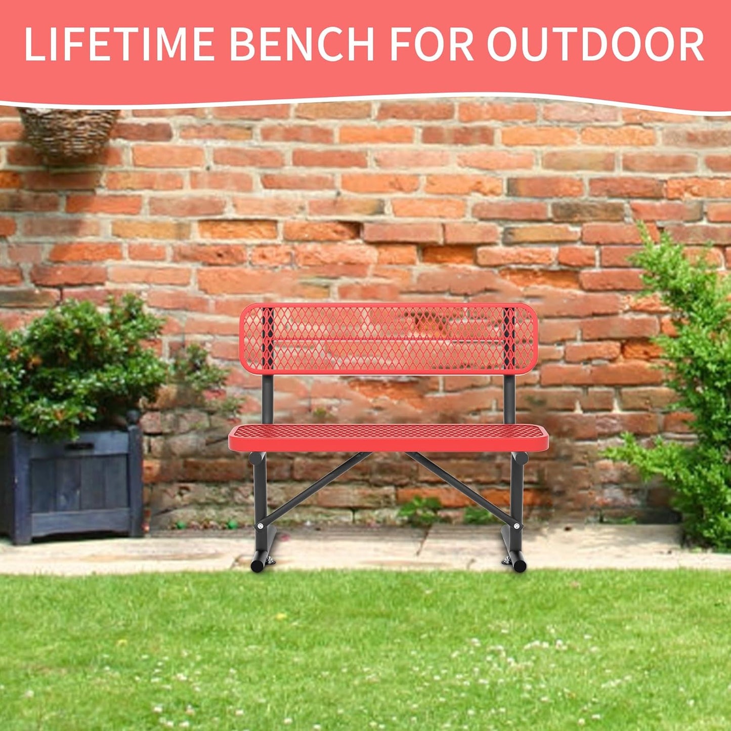 4 Feet Heavy Duty Metal Park Bench for Outside, Outdoor Bench with Backrest & Portable Frame, Commercial Benches for Shopping Malls, Stores, Parks, Patios, Decks, Red