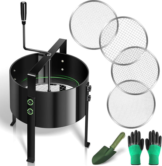 New Upgrade Rotary Soil Sifter Compost Sieve, 13 Inch Heavy-Duty Garden Soil Screen with 4 Replaceable Sifting Sieve (3/6/9/12mm) for Sand Rocks Dirt Compost, Includes Gardening Shovel & Gloves Kit ‌