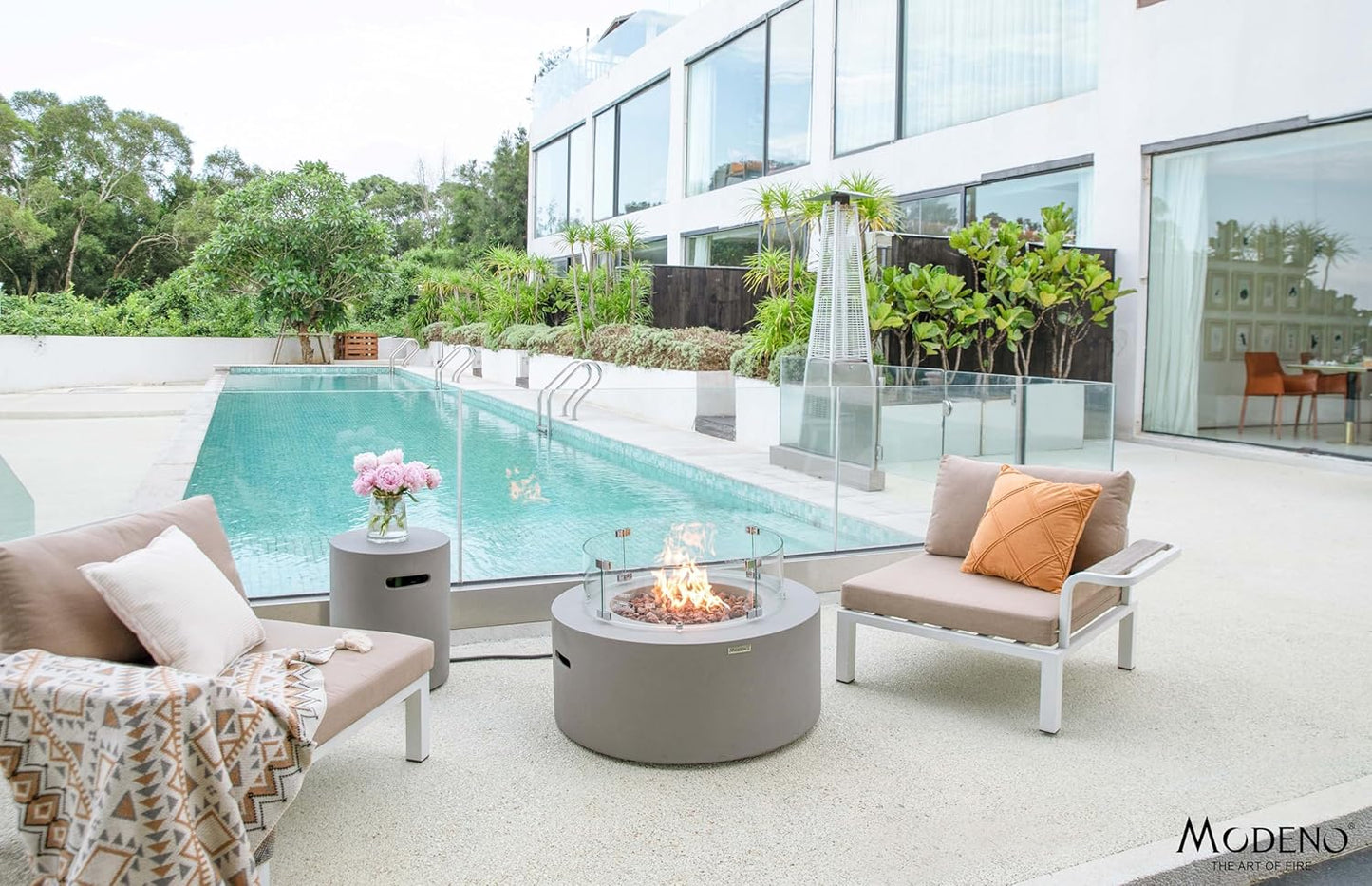 AMS Fireplace | Modeno Tramore Package | Light Gray Liquid Propane Gas Fire Pit Table for Outside Patio Bundle with Tank Cover, Wind Guard, and SS Burner Lid | Free Ice Bucket & Rubber Mat