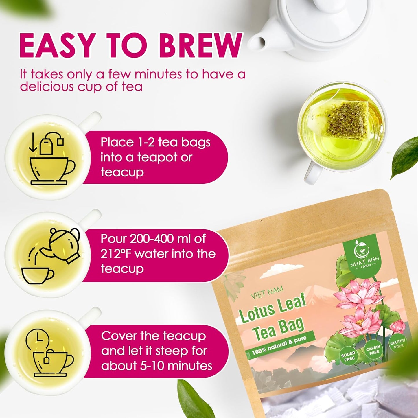 NHAT ANH FARM - Premium Lotus Leaf Tea Bags, 40 Teabags, 100% Natural, Hand-Selected Lotus Leaf Tea Bags, No Additives, Sugar-Free,Caffeine-Free. Good For Your Health.