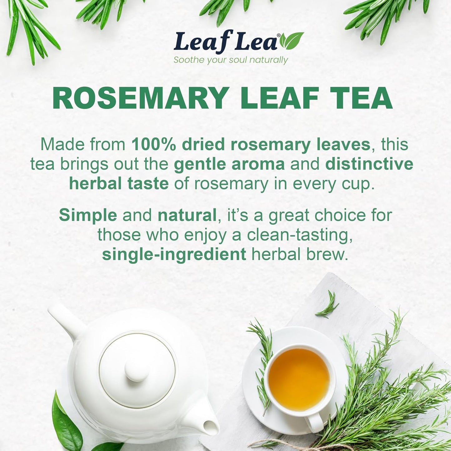 LeafLea 40 Premium Rosemary Tea Bags from 100% Natural Rosemary Leaves, Herbal Tea for Gentle Digestive Comfort, Te De Romero Earthy Taste & Light Aroma, Caffeine-Free, Sugar-Free, Non-GMO