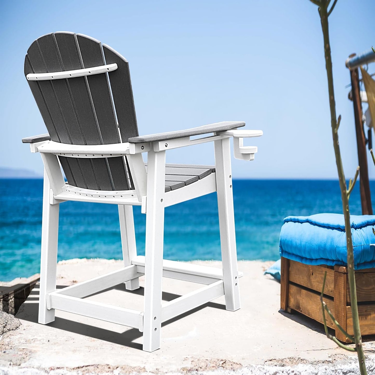 Tall Adirondack Chairs Set of 2, Adirondack Barstools, Weather Patio Garden Pool Fire Pit Balcony Outdoor Bar Stools HDPE Plastic Barstools with Backs for Garden, Backyard, Yard (Grey)