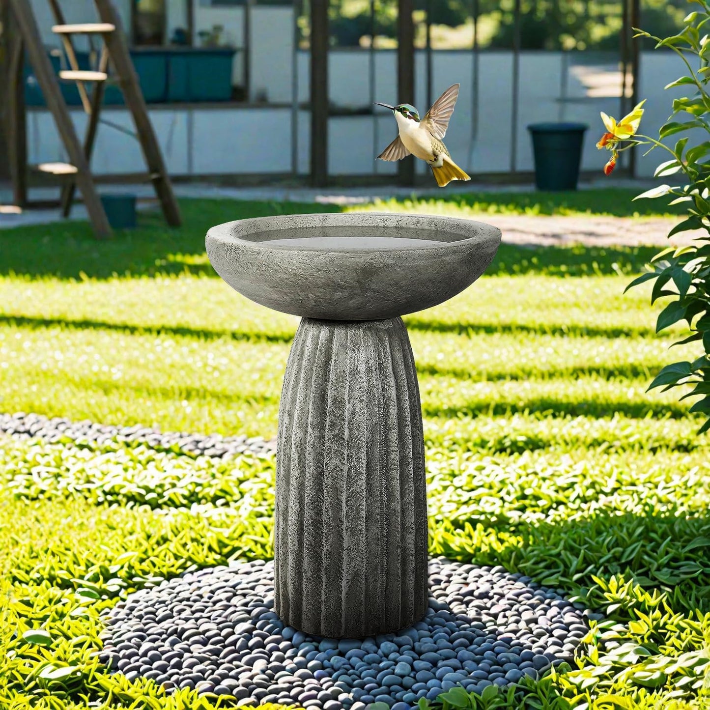 SunJet Modern Bird Bath, 24.4inches Height Fibre-Reinforced Concrete Birdbath with Textured Pedestal for Outdoor Garden, Yard, Lawn Decor