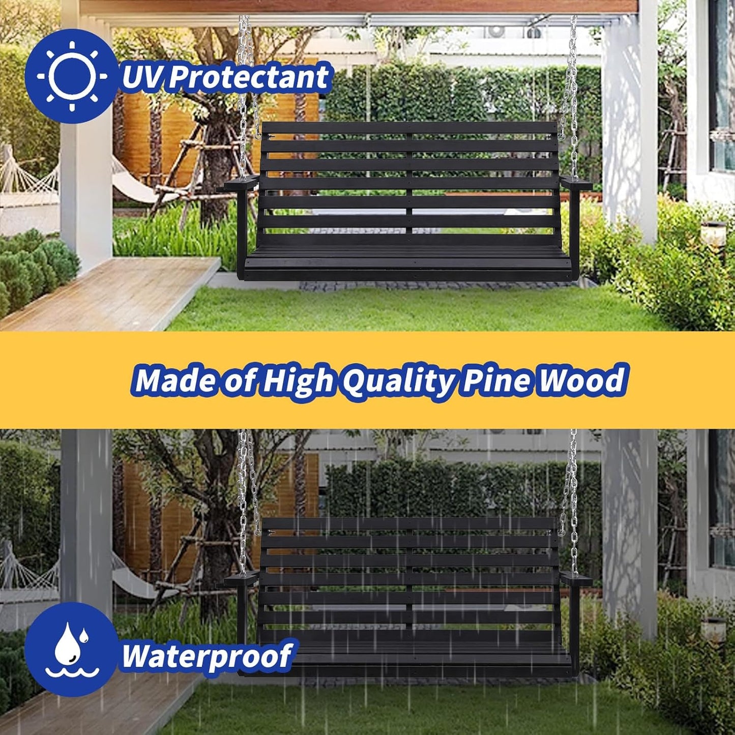 Wooden Porch Swing with Cup Holder, Outdoor Patio Swing Bench for Courtyard & Garden, Upgraded 4 FT Heavy Duty 880 LBS Porch Swing, Outdoor Swing with Hanging Chains, Black