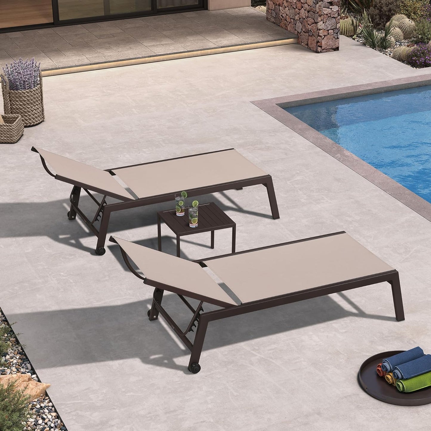 PURPLE LEAF Oversized Patio Lounge Chairs Set of 3, Reclining Pool Lounge Chairs with Side Table and Wheels for All Weather for Outdoor, Deck, Lawn, Aluminum Outside Pool, Sand Beige