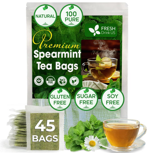 FreshDrinkUS, Premium 45 Spearmint Tea Bags, 100% Natural Spearmint Leaves. Loose Leaf Spearmint Herbal Tea. Spearmint Leaf Tea. No Sugar, No Caffeine, No Gluten, Vegan.