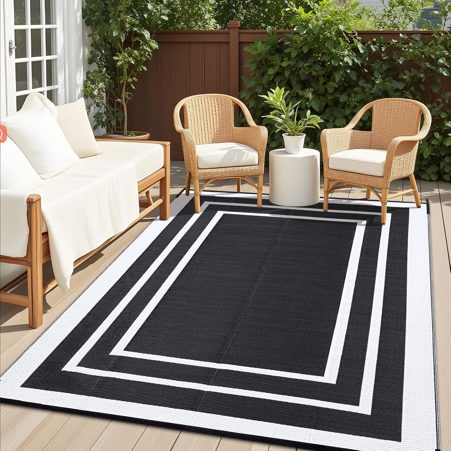 OLANLY Outdoor Rug 9x12 ft Waterproof, Reversible Outdoor Plastic Straw Rug, RV Mat, Indoor Outdoor Carpet Clearance for Patio, Camping, Balcony, Deck, Backyard, Black & White