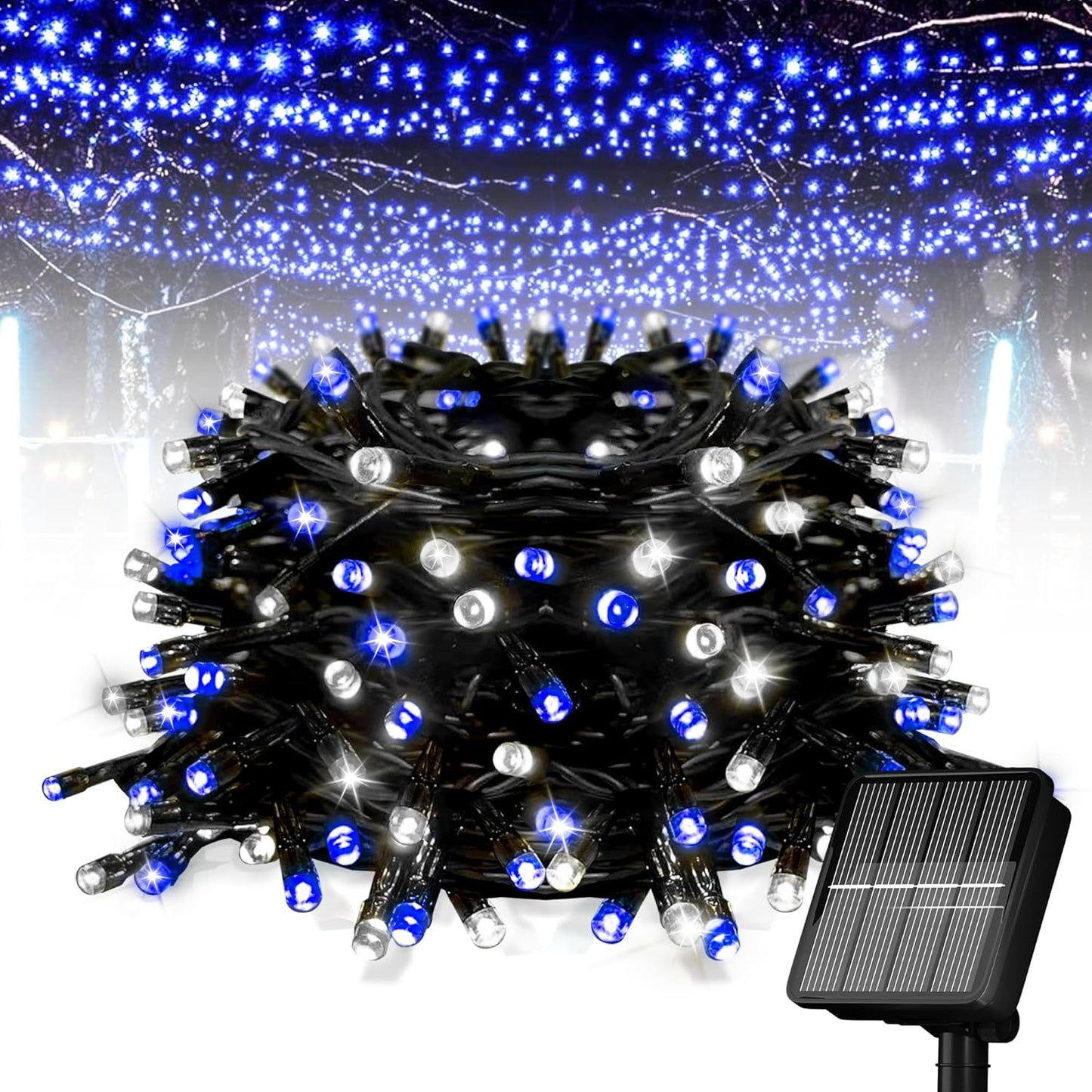Solar String Lights for Outside, 39Ft 100 LED Solar String Lights Outdoor with 8 Modes，Solar Lights for Outside Waterproof for Yard, Fence,Balcony, Party,Christmas Tree Decorations (Blue&White)