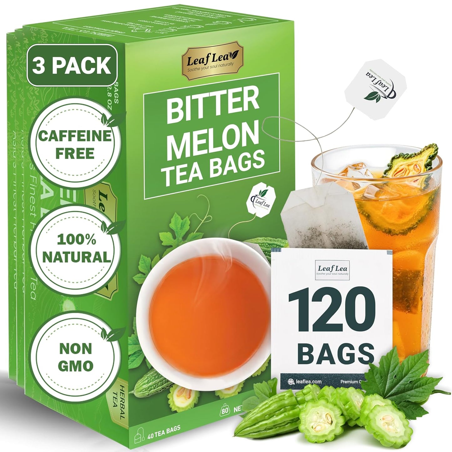 LeafLea 120 Bitter Melon Tea Bags, 100% Pure Bitter Melon Fruit. Supports Wellness and Digestion | Caffeine-Free, Sugar-Free, Vegan, Pack of 3