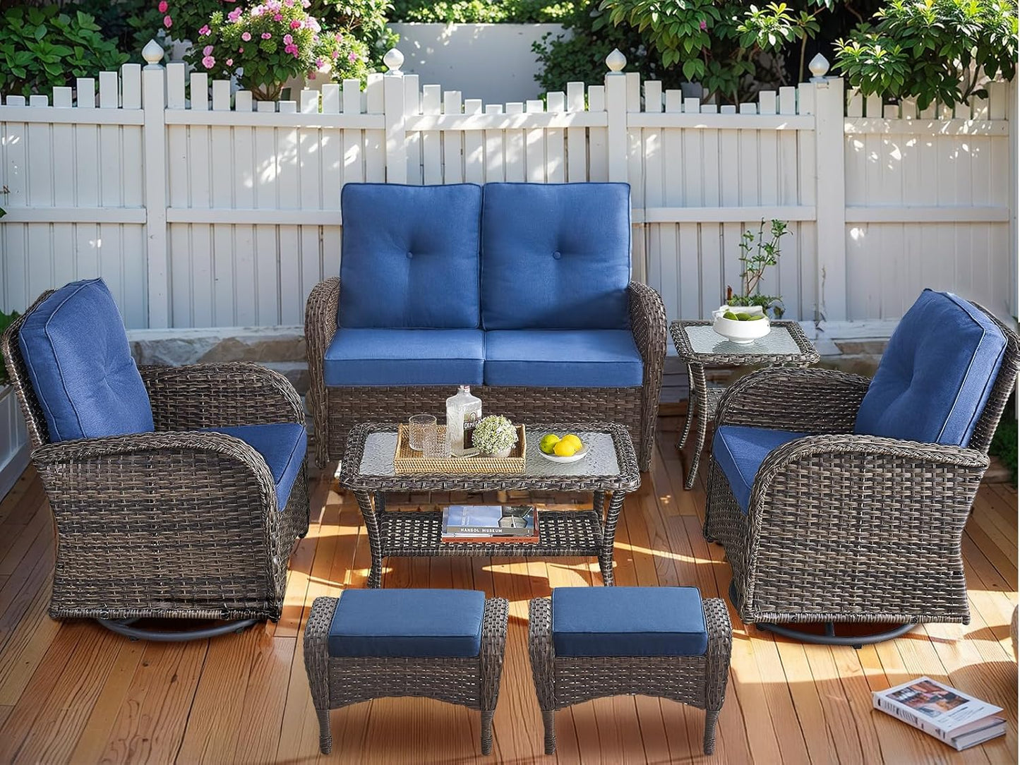 HUMMUH Patio Furniture 7-Piece PE Wicker Outdoor Conversation Set,All-Weather Rattan Swivel Chairs with Ottomans Glider Loveseat for Backyard,Poolside,Deck