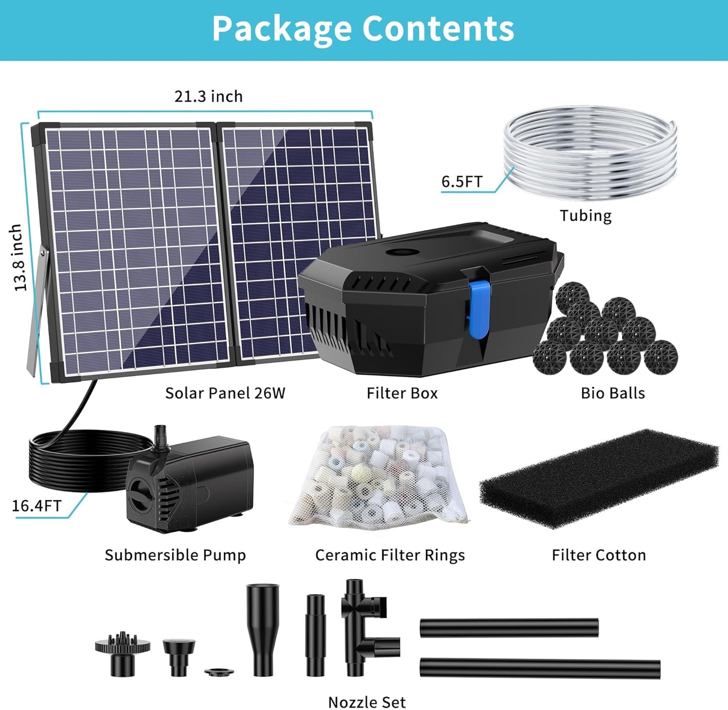 NFESOLAR Solar Pond Filter Fountain, 30W Solar Fountain Pump with Pond Filter, 16.4FT Cord, 6.6FT Tubing for Outdoor Pond 200-600 Gallons, Fish Tank, Pool, Garden Waterscape N3223