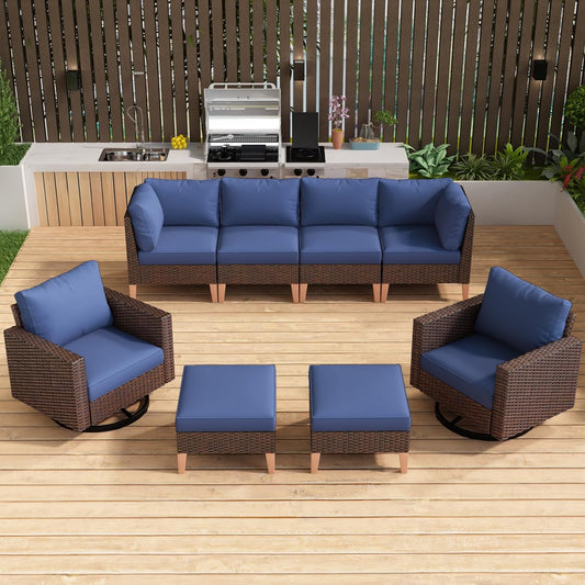HUMMUH 8 Pieces Patio Furniture,Outdoor Modular Sectional Couch Swivel Rocking Chairs with Ottomans,All Weather PE Wicker Patio Conversation Sets for Garden Porch Backyard