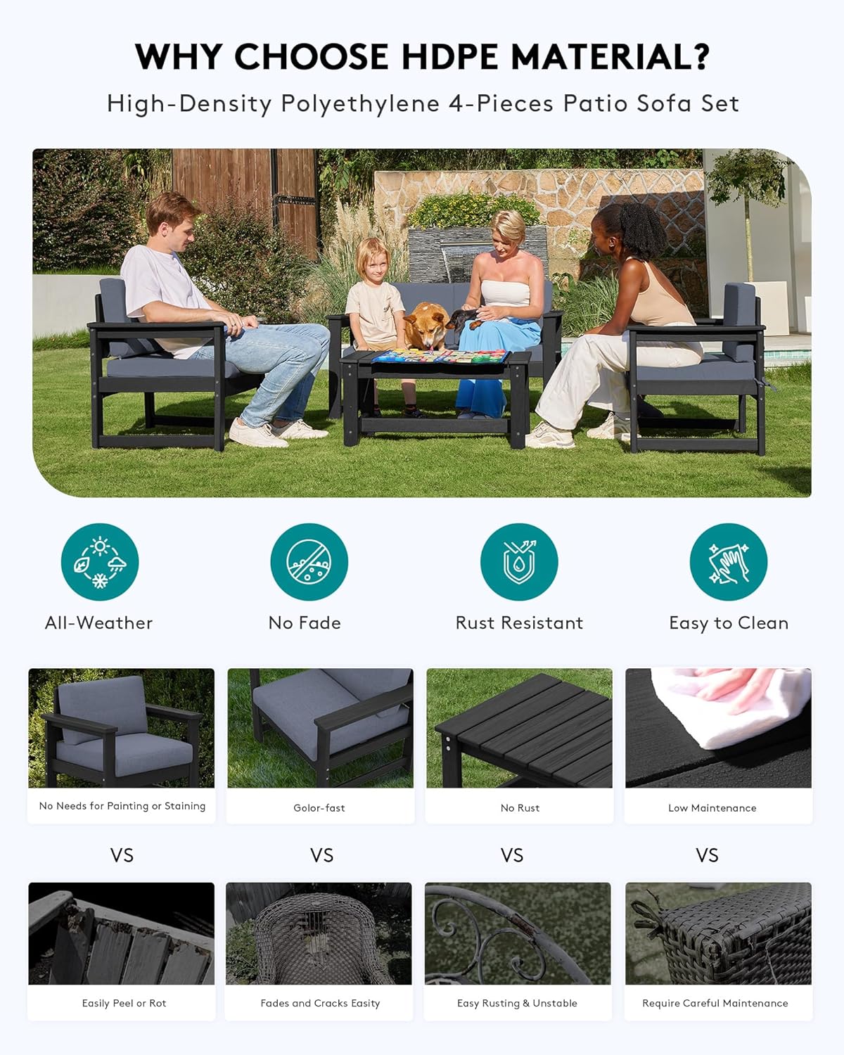 SERWALL 4 Pieces HDPE Outdoor Sofa Set with Cushion, All Weather Use Conversation Couch Set, Outdoor Loveseat Social Furniture with Coffee Table and Cushions, Black Frame with Grey Cushions