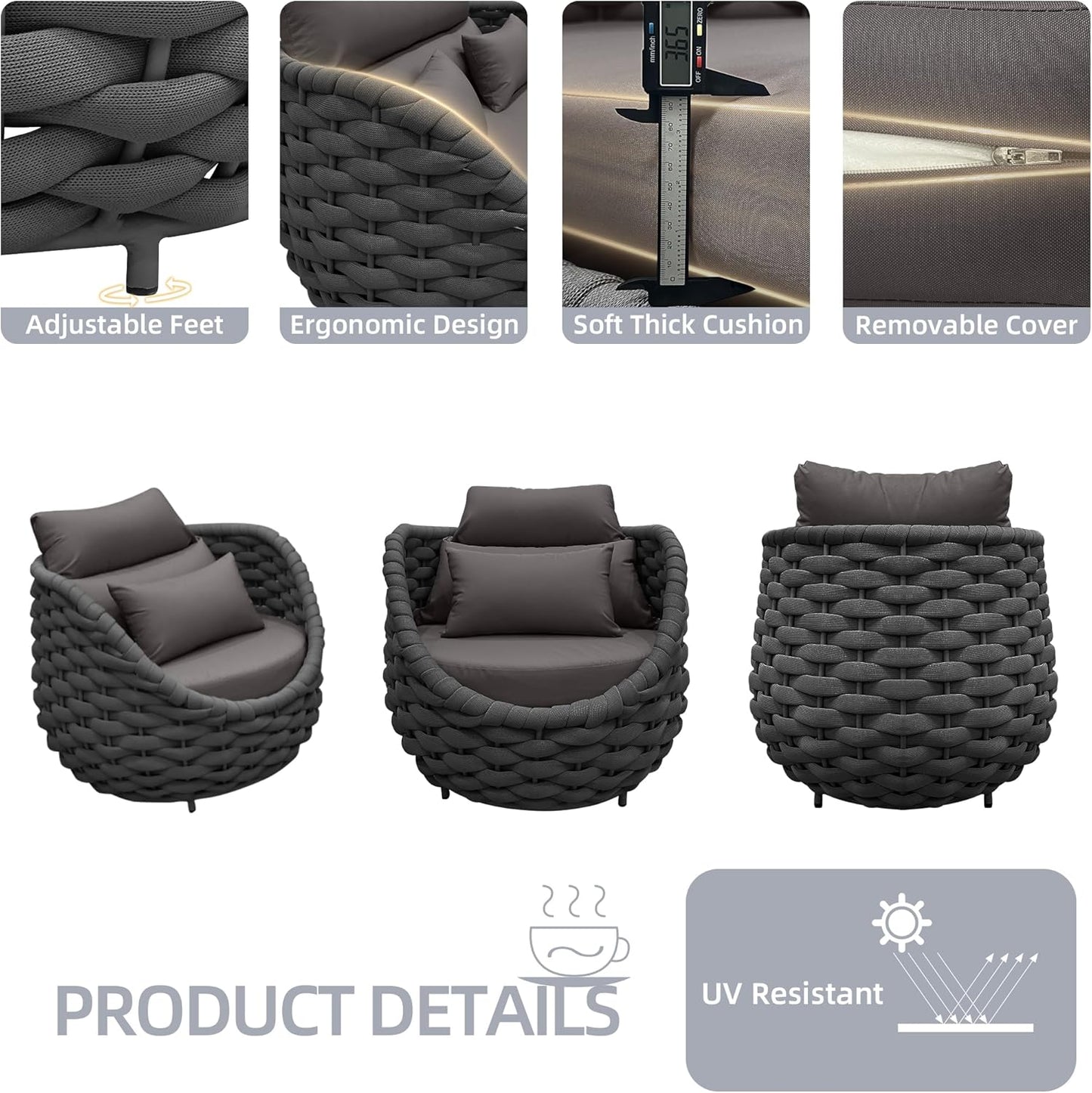 TWT Outdoor Couch All-Weather Textilene Rope Outdoor Chairs Set of 2 with Cushions & Pillows, Patio Couch Outdoor Patio Furniture Set for Patio, Balcony, Backyard, Deck, Poolside, Dark Grey