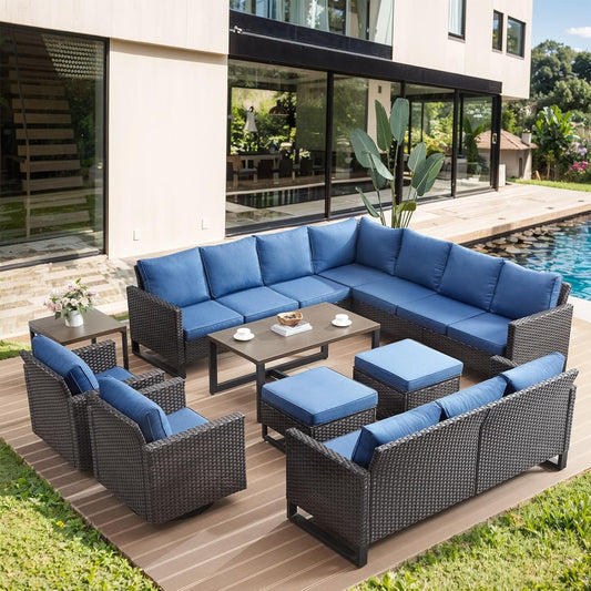 HUMMUH 10 Piece Patio Furniture Set PE Wicker 12-Seater Outdoor Sectional Sofa Set with Patio Swivel Chairs Dinning Table Ottomans for Porch,Garden,Backyard,Deck(Brown/Blue)