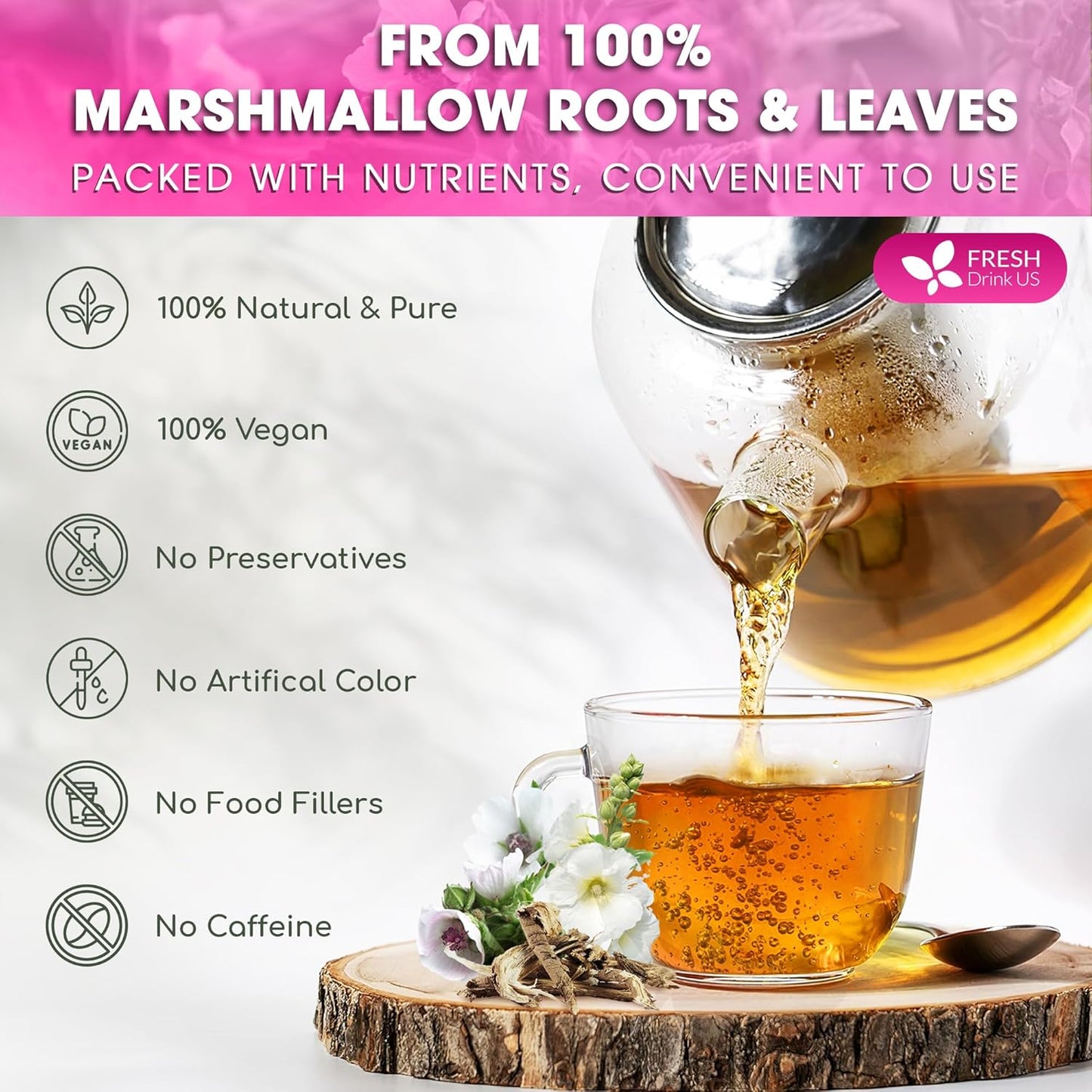 FreshDrinkUS, Premium 75 Marshmallow Root and Leaf Tea Bags, 100% Natural & Pure. Loose Leaf Marshmallow Herbal Tea. Made with Eco-Conscious Tea Bags. No Sugar, No Caffeine, No Gluten, Vegan.