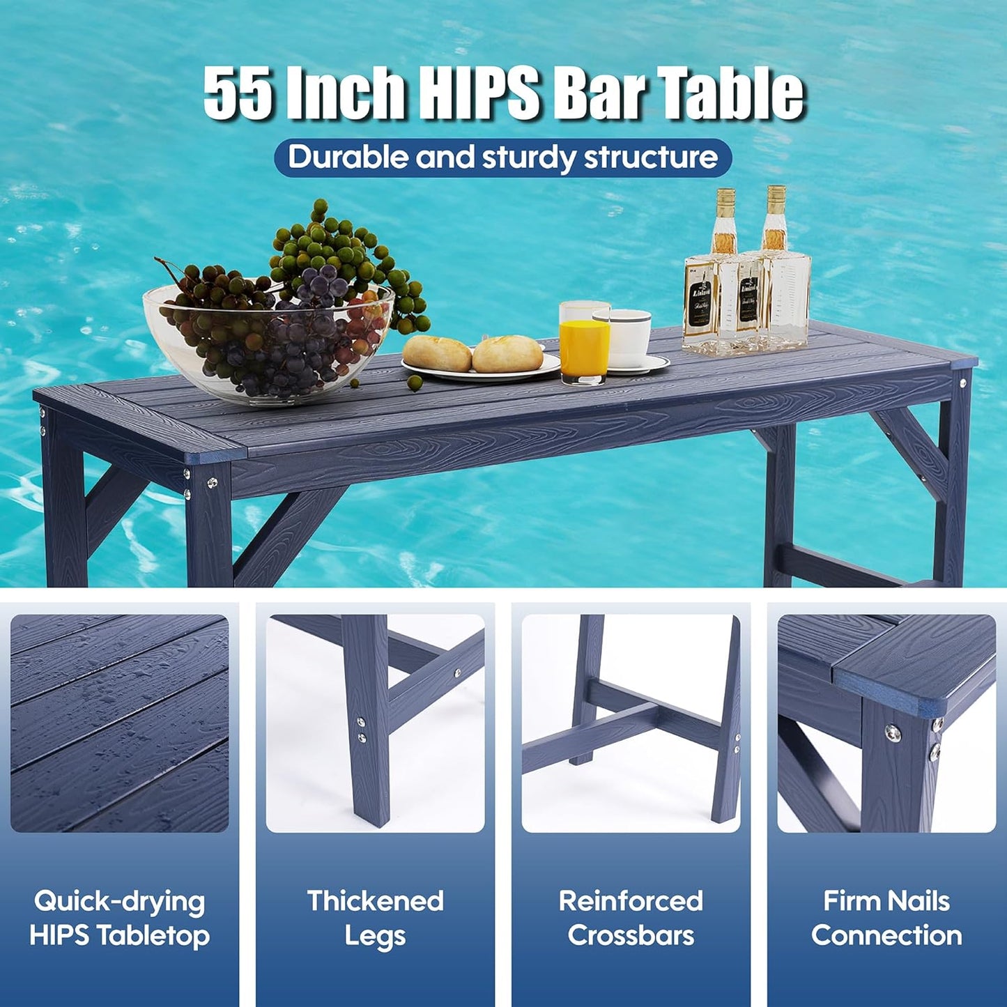 3Pcs HIPS Outdoor Patio Bar Set, All Weather HIPS Bar Table and Chairs Set for Outside, 55" Rectangular High Top Bar Table with 2 Bar Stools for Poolside, Patio, Balcony, Deck, Blue