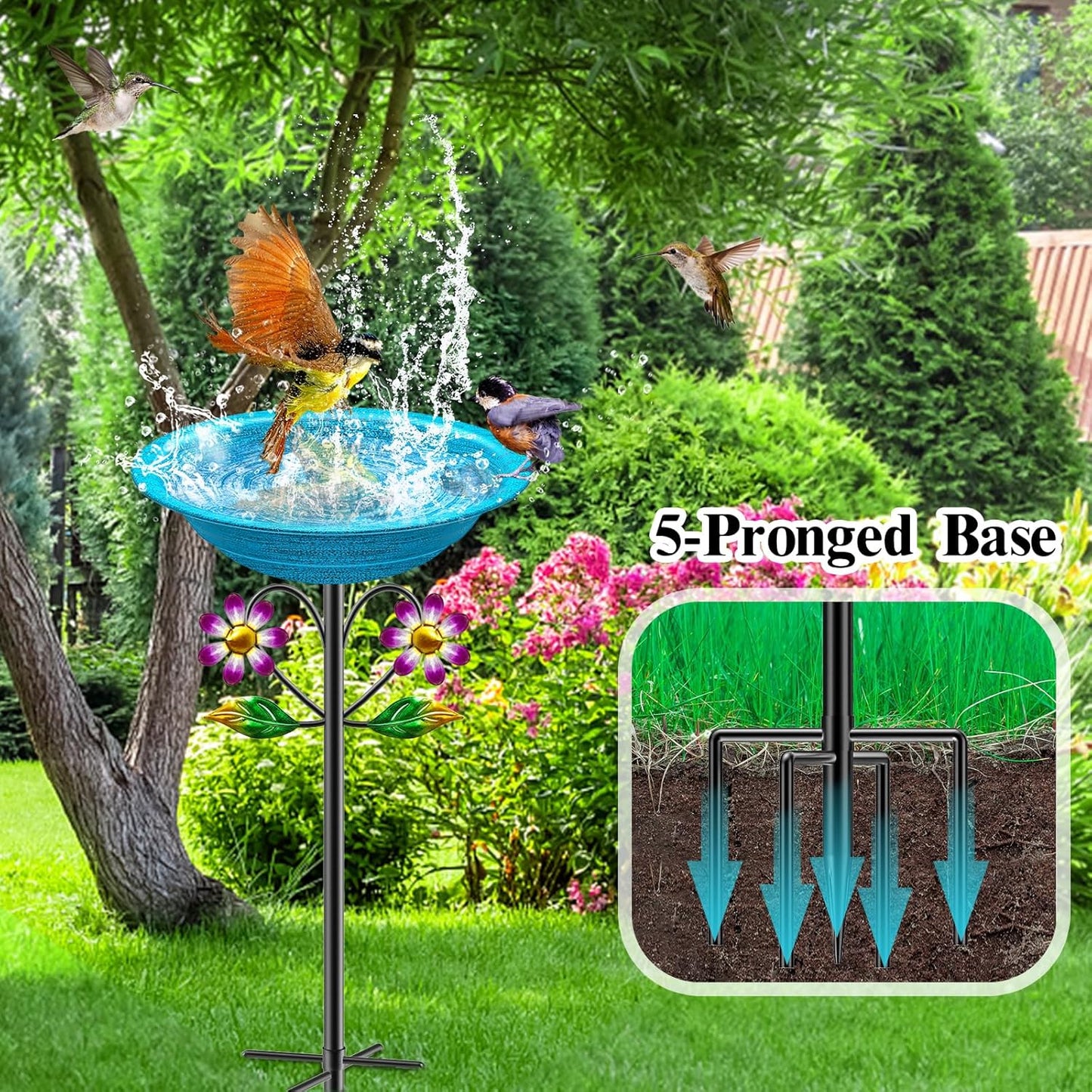 Metal Bird Bath for Outside Garden Birdbath Bowl, Freestanding Bird Feeders for Outdoors with 5 Prongs Base Stake, Standing Birdfeeders Bath Bowl for Yard Decor (Retro Blue)