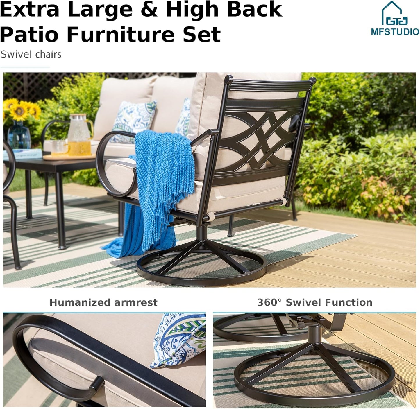 MFSTUDIO 7 Seats Metal Patio Furniture Sets, 6 Pieces Outdoor Sectional Sofa Conversation Set with 2 x Swivel Chairs, 2 x Fixed Chairs, 1 x 3-seat Sofa and 1 x 45 inches Rectangular Fire Pit Table