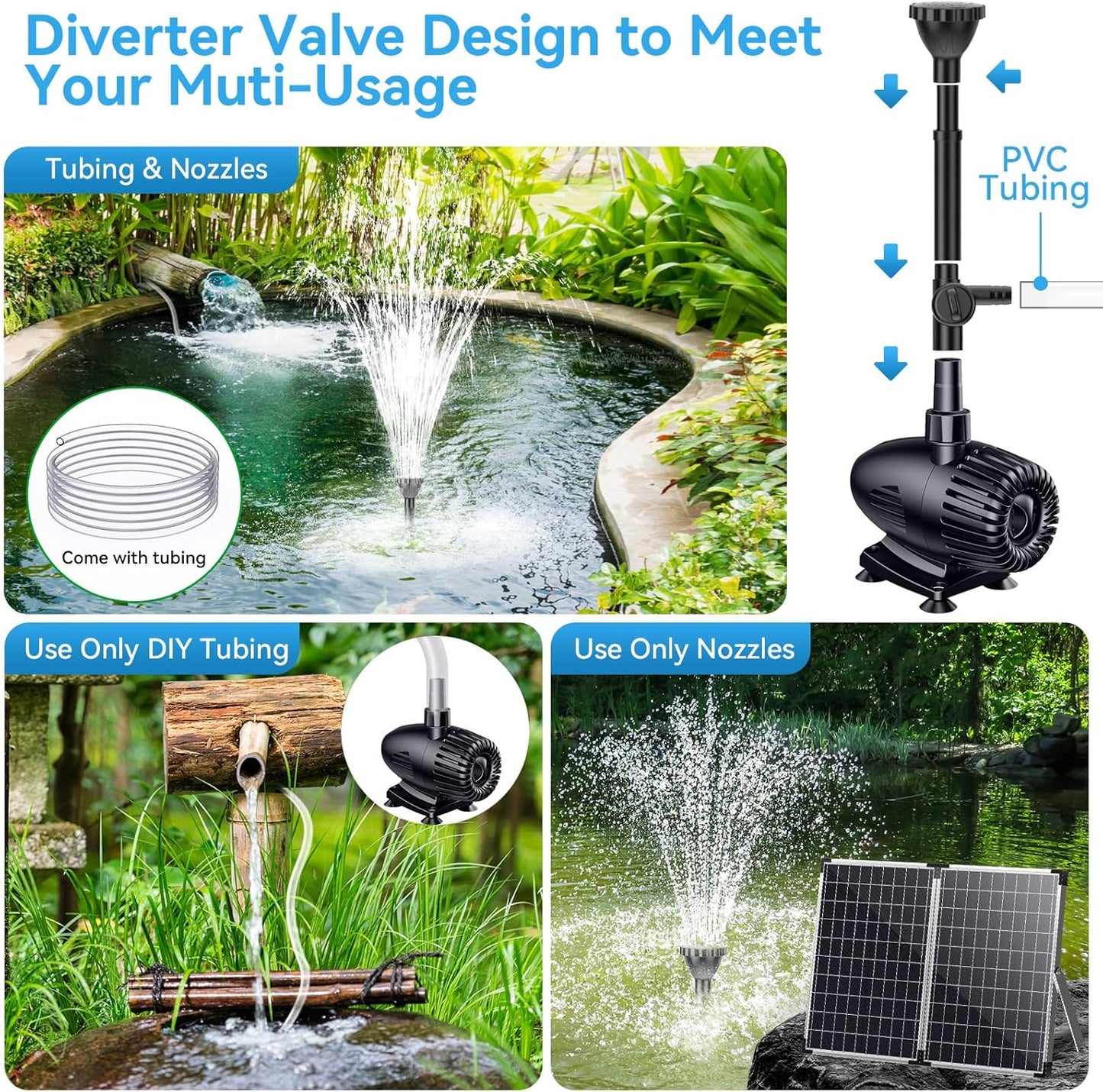 POPOSOAP 55W Solar Fountain Pump, 480GPH Solar Pond Pump with Dry-Run Protection, Solar Powered Water Pump with 17Ft Cord & 10Ft Extension Cable, PVC Tubing for Ponds, Garden, Waterfall, Hydroponics