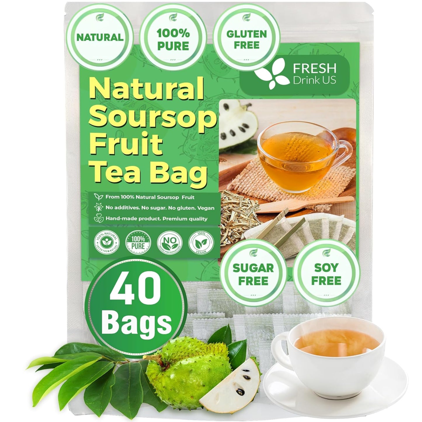 FreshDrinkUS, 40 Premium Soursop Graviola Fruit Tea Bags, 100% Natural and Pure from Soursop Fruits, Made With Natural Materials-Corn Fiber Tea Bag, Sugar/Caffeine/Gluten Free, Hoja Guanabana Tea