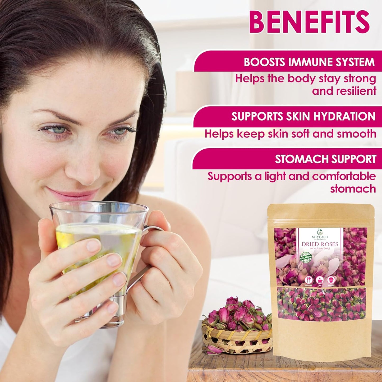 Nhat Anh Farm - Premium Dried Rose Buds - 3.5oz (100g) Dried Rose Buds Natural & Pure, Sugar/Caffeine/Gluten Free - For Making Tea