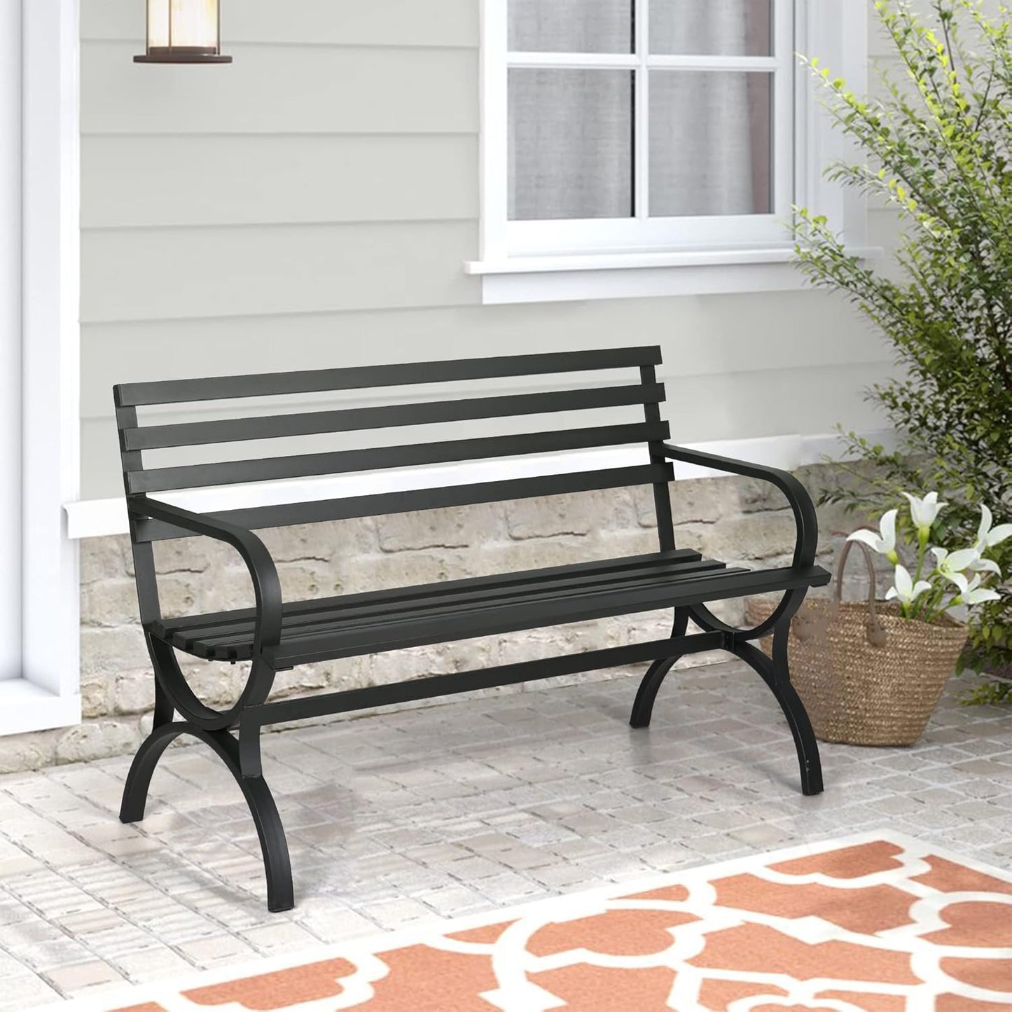 Sophia & William Outdoor Garden Bench Patio Park Bench, Metal Frame Furniture with Backrest and Armrests for Porch Yard Lawn Deck, Black