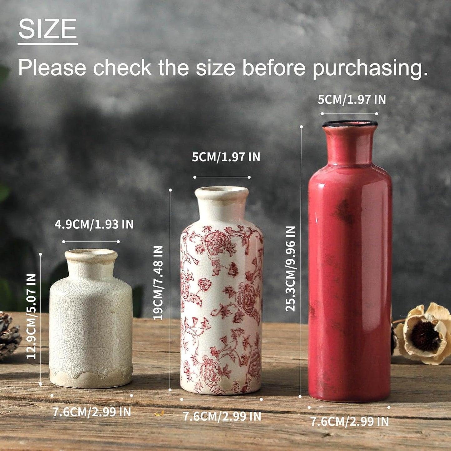 Vintage Vase Set of 3, Ceramic Vintage Flower Vases, Chinoiserie Decorative Home Decor Retro Floral Vase Rustic Farmhouse Decor for Table Bookshelf Mantel Kitchen Living Room Office - Red and White