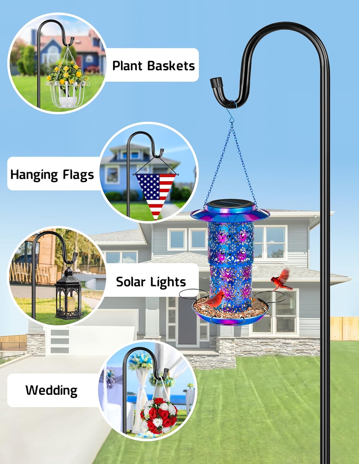 XDW-GIFTS Bird Feeder Pole for Outdoor, 2-Pack 45 Inch Shepherds Hooks Heavy Duty Garden Pole for Hanging Plant Basket, Solar Light Lanterns, Garden Plant Hanger Stands with 5 Base Prongs