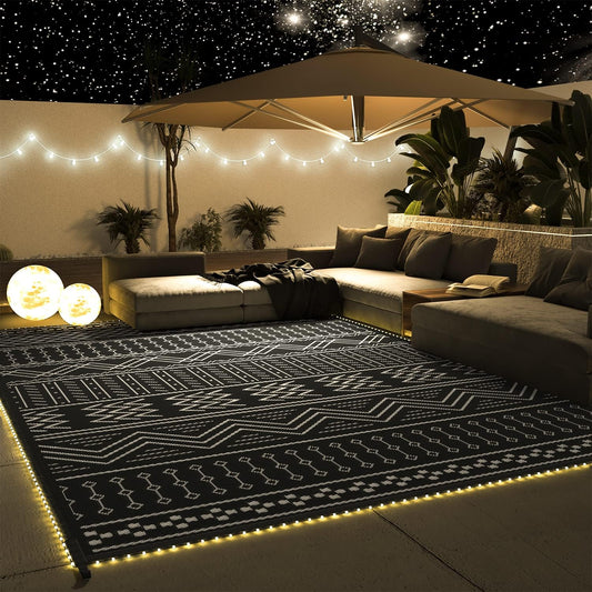 Outdoor Rug Carpet Waterproof 8x10 ft with LED Strip Lights-Patio Rug Mat Indoor Outdoor Rug for RV Camping Picnic Reversible Lightweight Plastic Straw Outside Rug for Patio Decor Decoration Boho Rug