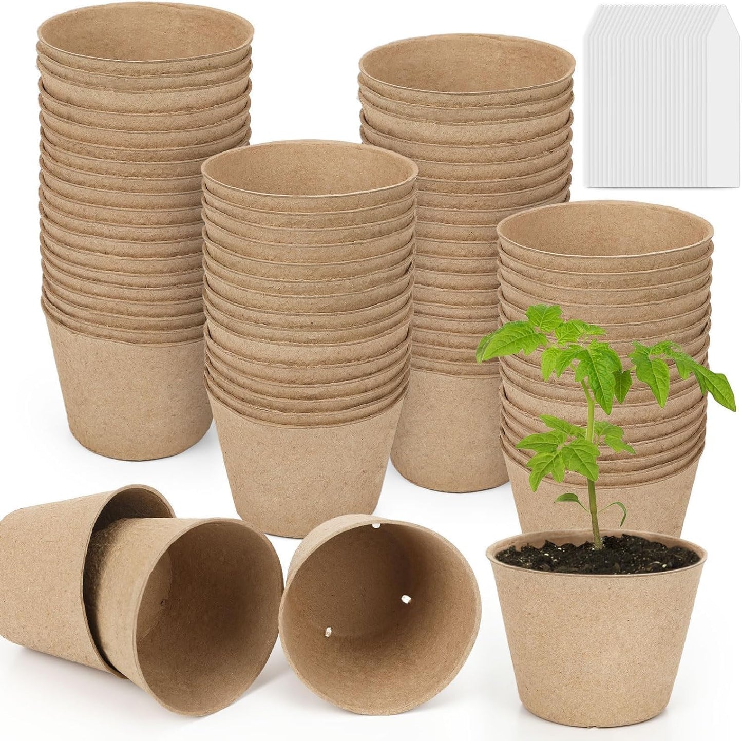 Augshy 3.15 Inch Peat Pots, 80 Pack Seed Starter Nursery Pots Round Plant Seedling with Drainage Holes for Garden Nursery Kits Seedlings Seed Starting Tray with 80 Plant Labels