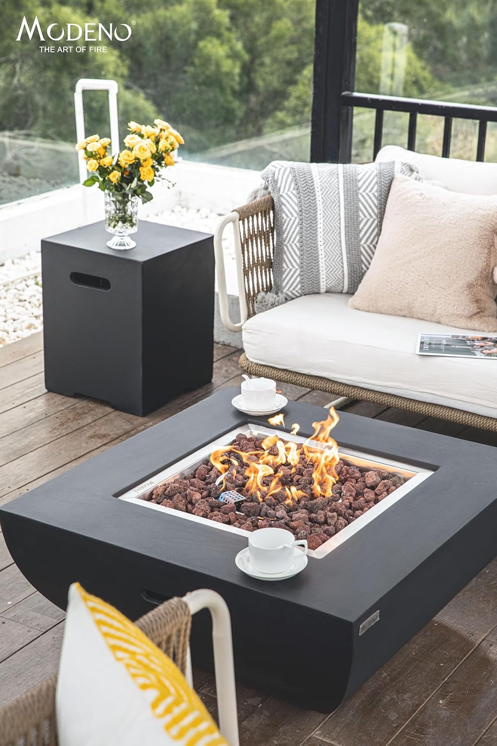 AMS Fireplace | Modeno | Aurora | Firepit Table | Cover and Lava Rocks Included | (Fuel: Natural Gas - Black)