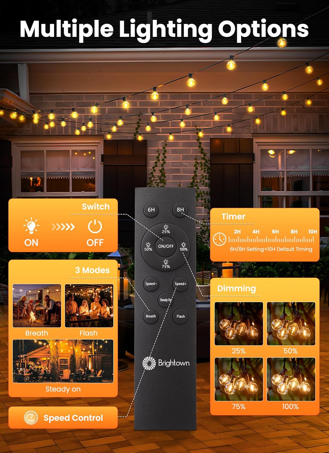 Brightown 158FT Solar String Lights Outdoor with Remote and 77 LED Shatterproof Bulbs, Dimmable & Timable, 3 Light Modes, Solar Patio String Lights Outdoor for Cafe, Garden, Deck, Outside Wedding