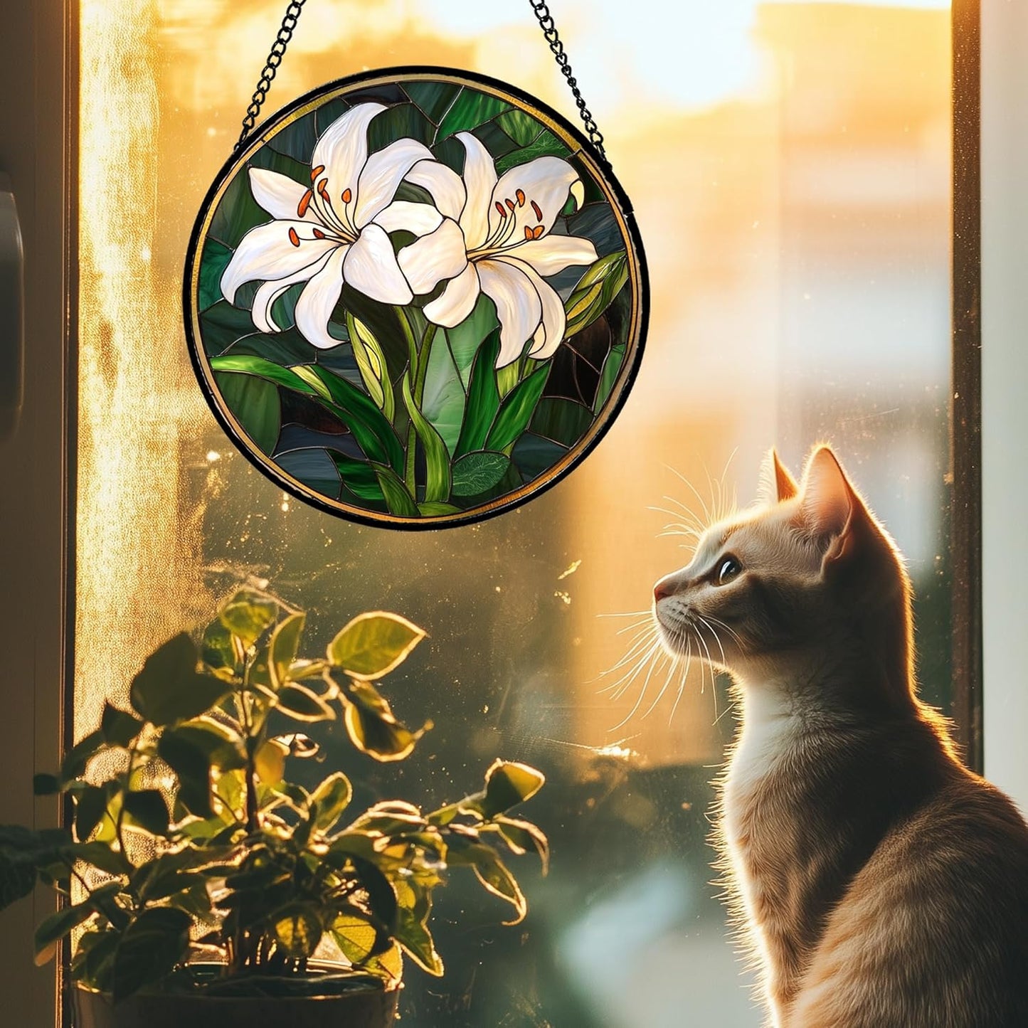 Stained Glass Window Hanging, White Lily Suncatcher for Door Garden Patio Birth Flower Green Plant Sun Catchers Decor Christmas Mother's Day Birthday Gifts for Women Mom Nana Friend 7.8 in