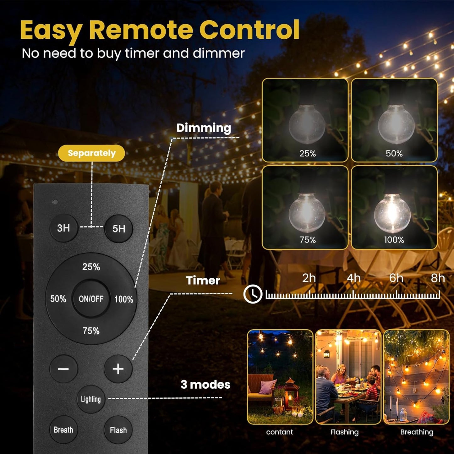 100FT Solar String Lights Outdoor Waterproof with Remote, G40 Solar Powered String Lights with 30+2 LED Shatterproof Bulbs, Dimmable Solar Patio Hanging Lights for Outside Backyard Party