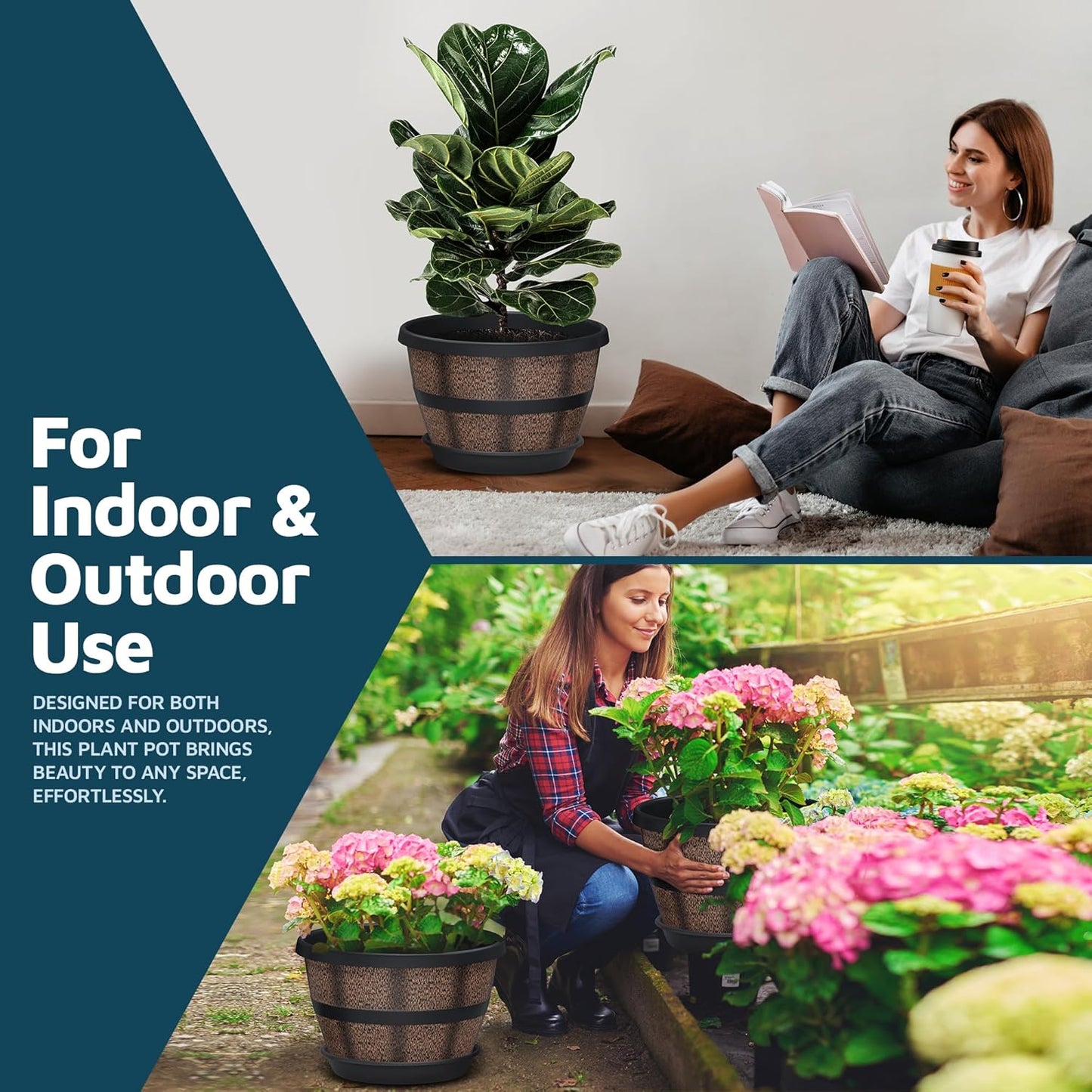 10-Inch Whiskey Barrel Planters Outdoor Pack of 10 - Durable Plastic Plant Pots for Indoor & Outdoor Use with Drainage & Saucer, Lightweight Rustic Barrel Planters for Flowers, Herbs & Small Plants