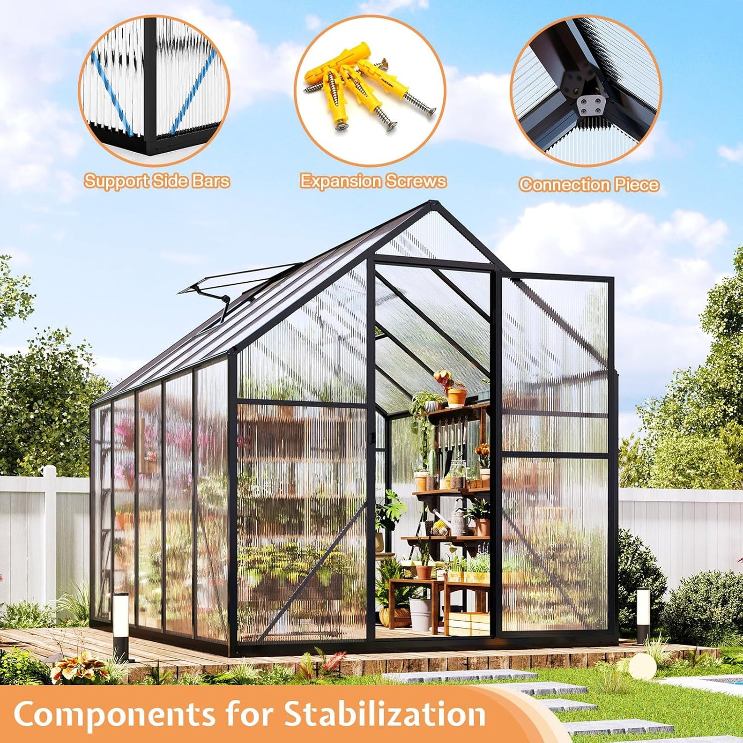 Jocisland 6x10x6.3 FT Polycarbonate Greenhouse for Outdoors with 2 Windows, Dual Swing Doors, Aluminum Walk-in Frame, Heavy Duty Garden Greenhouse for Backyard, Black