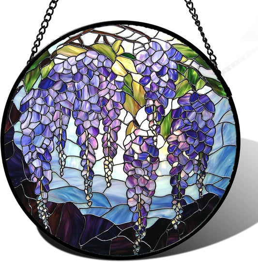 Stained Glass Window Hanging, Purple Wisteria Flowers Suncatcher for Doors Window Home Plant Sun Catchers Decoration Mother's Day Birthday Gifts for Women, Men, and Mom 11.8x11.8 in