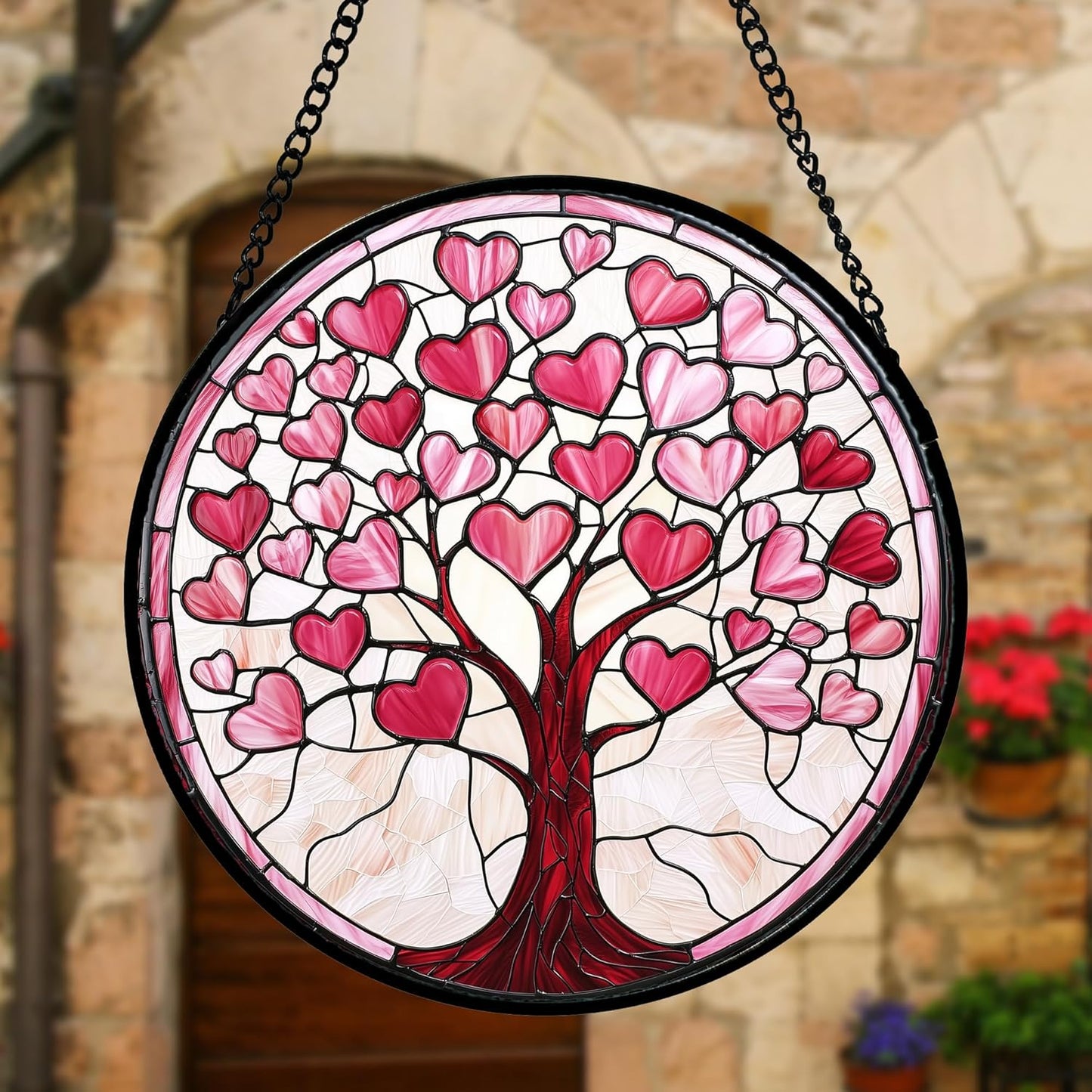 Stained Glass Window Hanging, Pink Love Heart Tree Suncatcher Hangings Beige Sun Catchers Decor for Birthday Holiday for Women, Men, Wife, Aunt, Mom 9.8IN